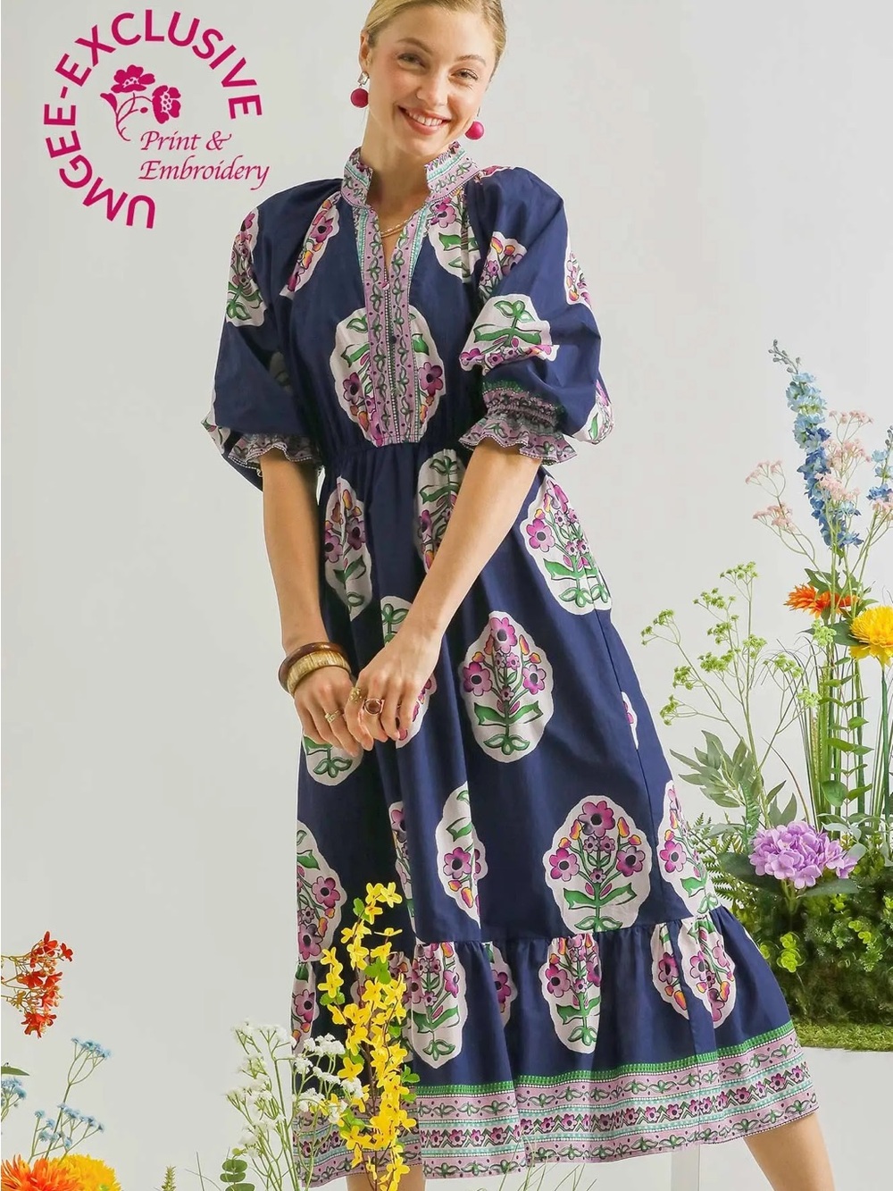 Umgee Navy Floral Midi Dress with Puff Sleeves
